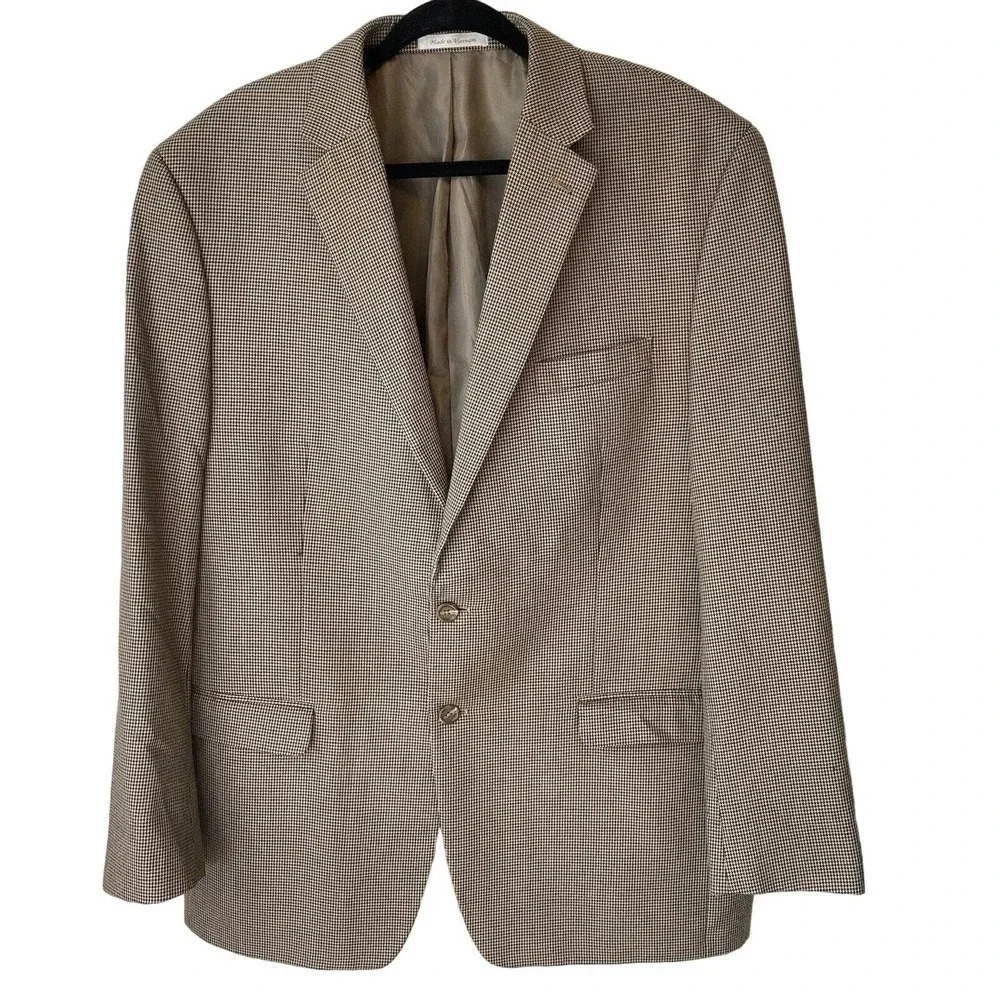 Chaps 2 Buttons Beige Plaid Suit Blazer Sport Coat Jacket Mens 46L Pockets
